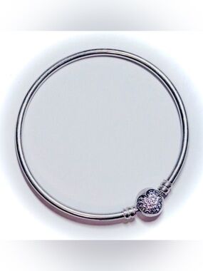 Pandora Sterling Silver Bangle Bracelet with Pink Sparkly Stone Clasp